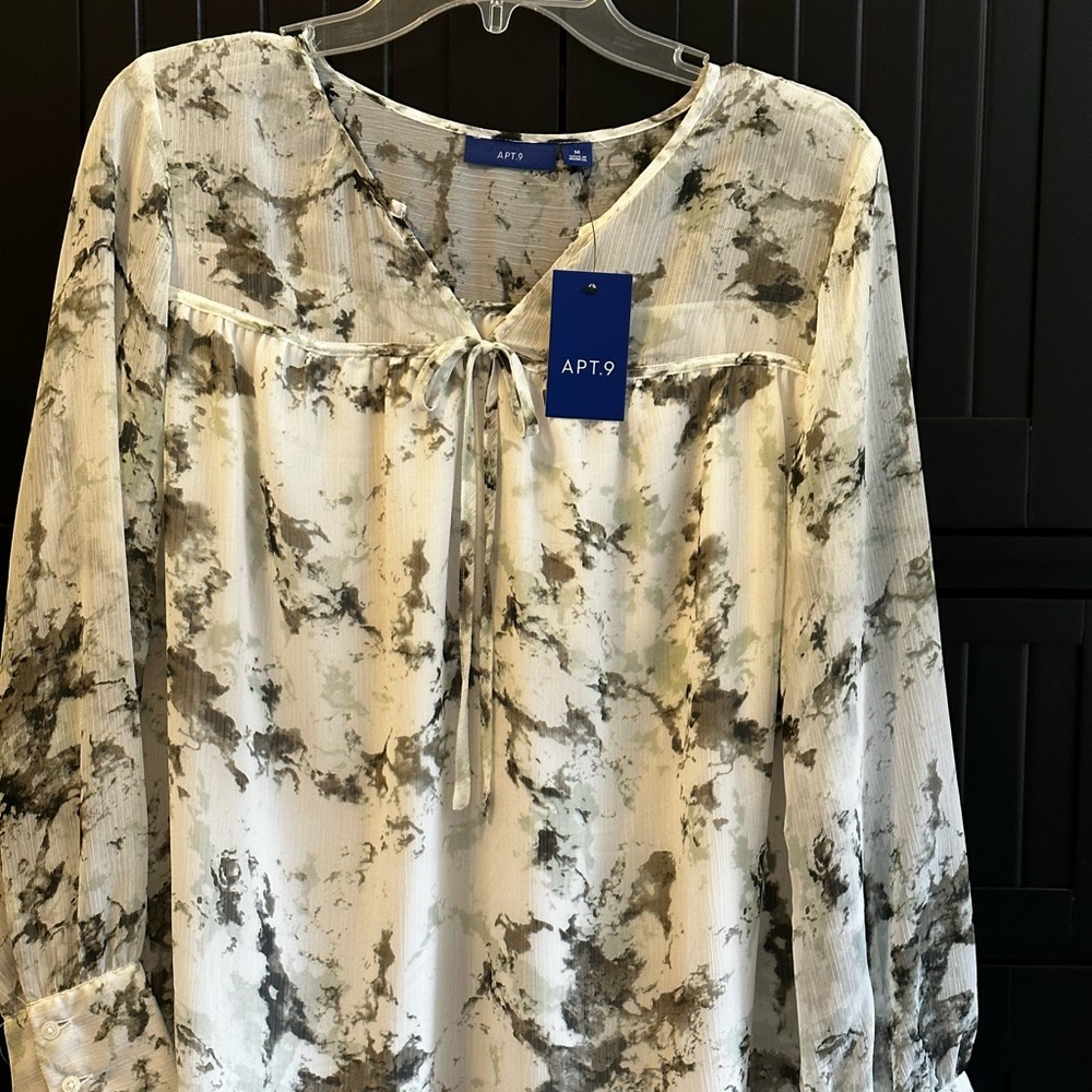 Apt 9 blouse, cream with sage and darker green. New with tags, size Medium
